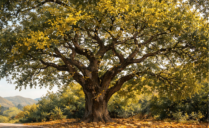 yellowing large oak tree
