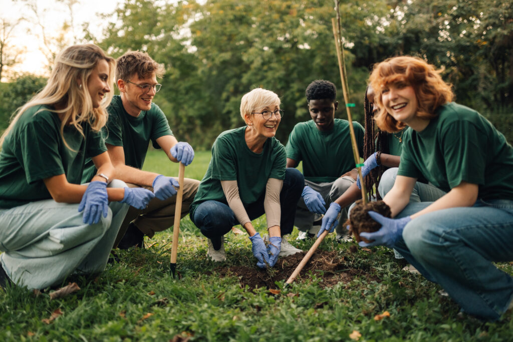 group of volunteers planting trees in park